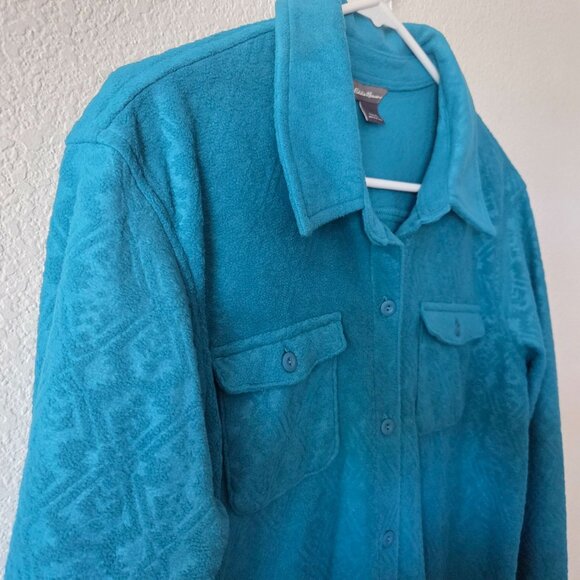 Eddie Bauer Womens L Teal Fleece Button-Up Shirt Sweater Paisley Pattern - Picture 4 of 9
